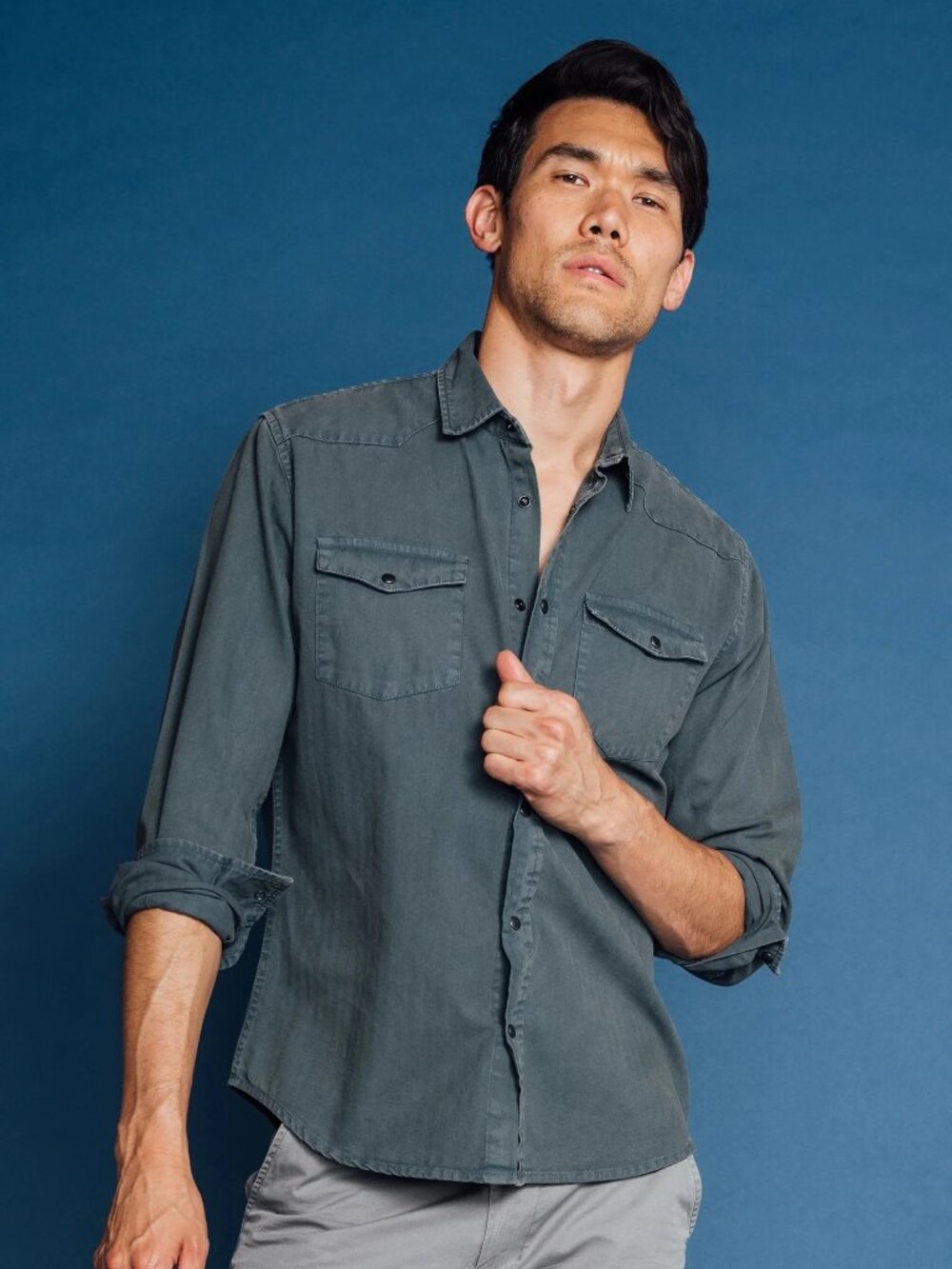 Original Paperbacks Denim Blue Herringbone Long Sleeve Shirt/12630